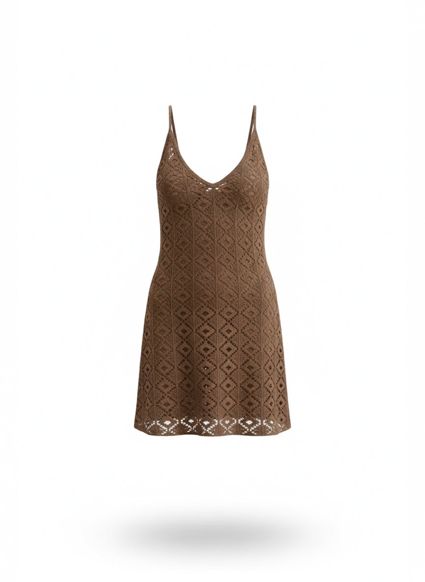 VESTIDO CORTO CROCHET CAFÉ