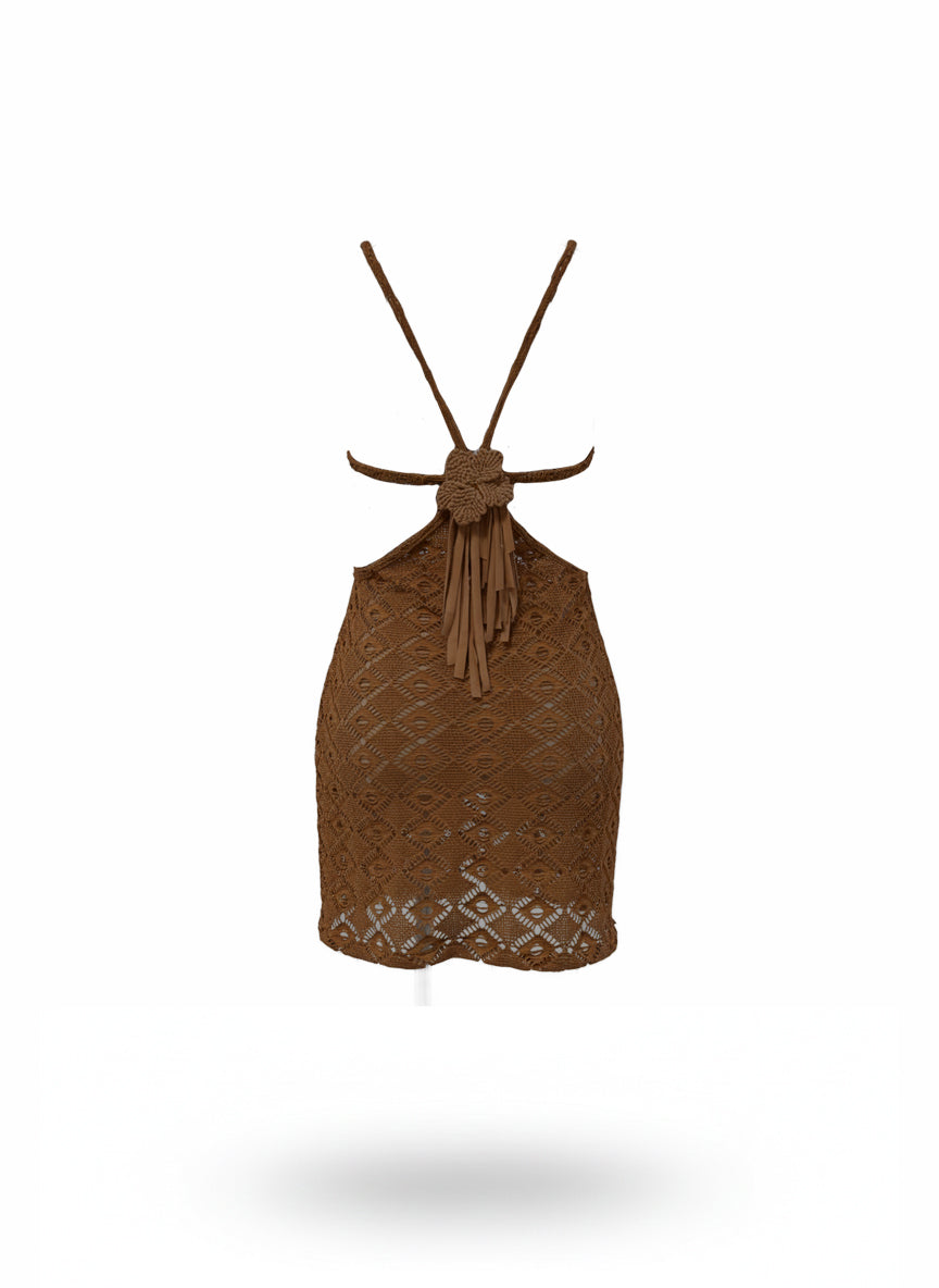 VESTIDO CORTO CROCHET CAFÉ