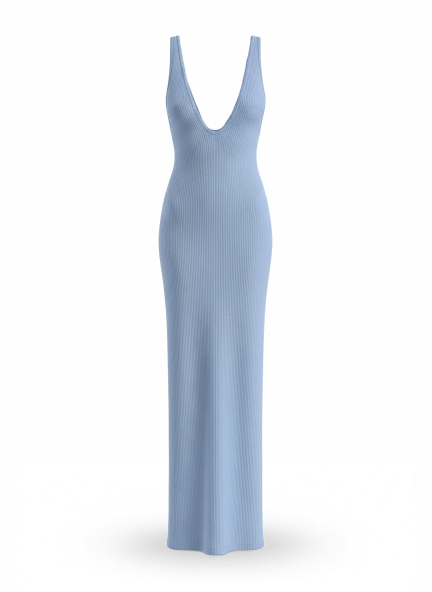 VESTIDO LARGO ACANALADO CON ESPALDA DESCUBIERTA - LILA